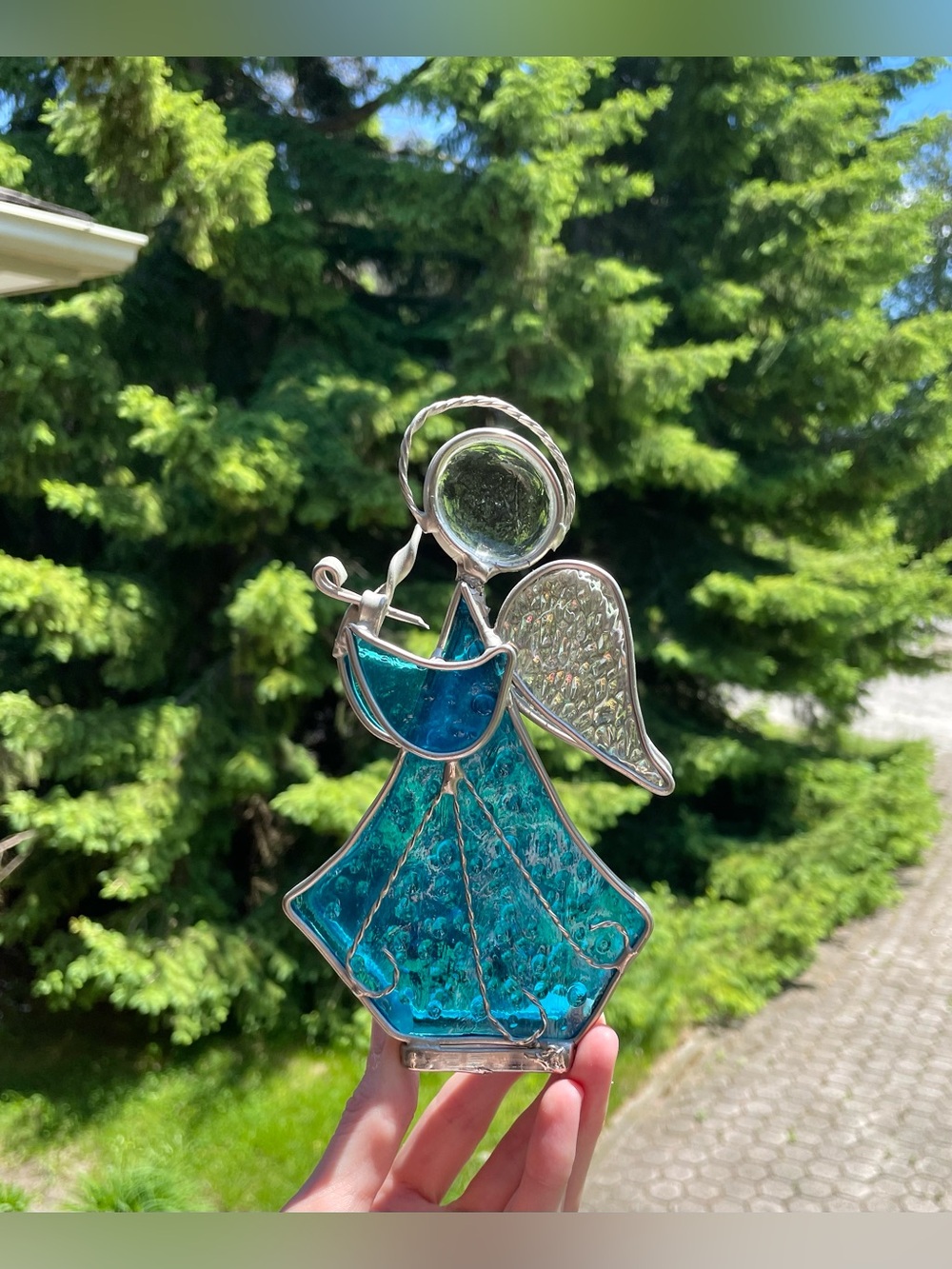 Blue Stained Glass Angel Holding Chamberstick Candle Figurine